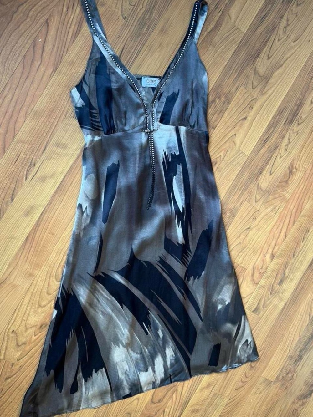 Brown & Black V-Neck 100% Silk Italian Slip Dress